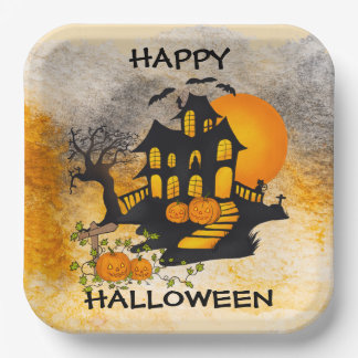 Haunted House Jack O'lanterns, Black Cat, Bats Paper Plates