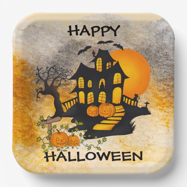 Haunted House Jack O'lanterns, Black Cat, Bats   Paper Plates (Front)