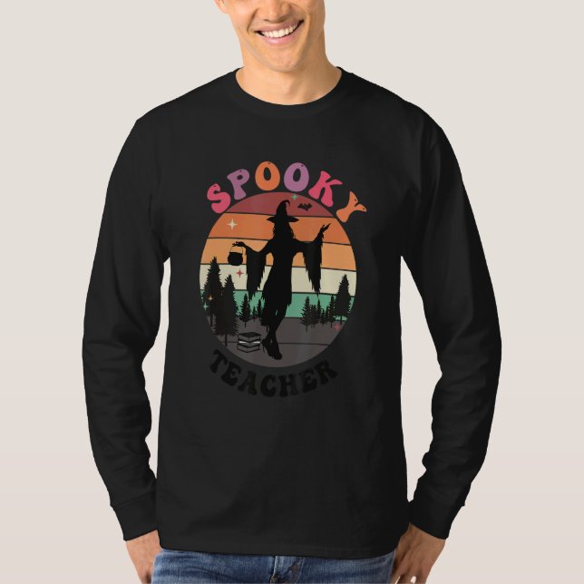 Haunted House Moon Night Groovy Spooky Teacher 3 T-Shirt (Front)