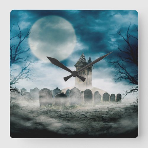 Haunted house on graveyard Halloween scene Square Wall Clock