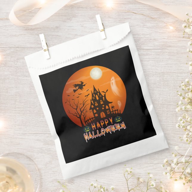 Haunted House Orange and Black Happy Halloween Favor Bag (Clipped)