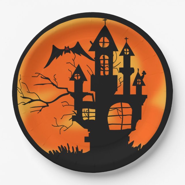 Haunted House Orange Halloween Paper Plates (Front)