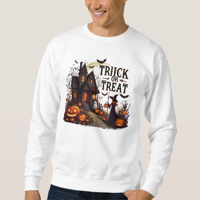Haunted house path filled with pumpkins and ghosts sweatshirt (Front)
