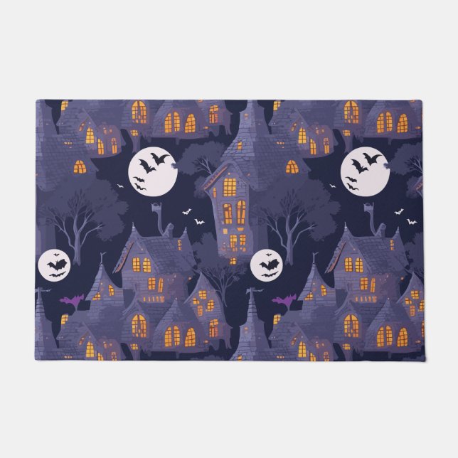Haunted House Personalized Halloween Art  Doormat (Front)