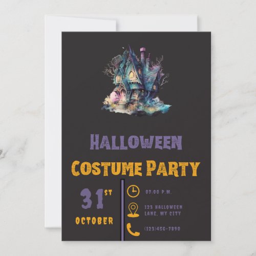 Haunted House Pink Green Modern Black Halloween Invitation