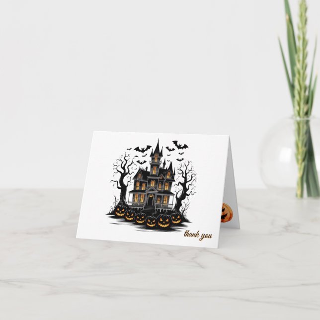 Haunted House Pumpkin Bats Halloween Baby Shower Thank You Card (Front)