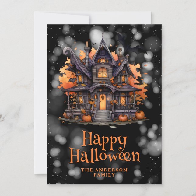Haunted House Pumpkins Bats Halloween Card (Front)