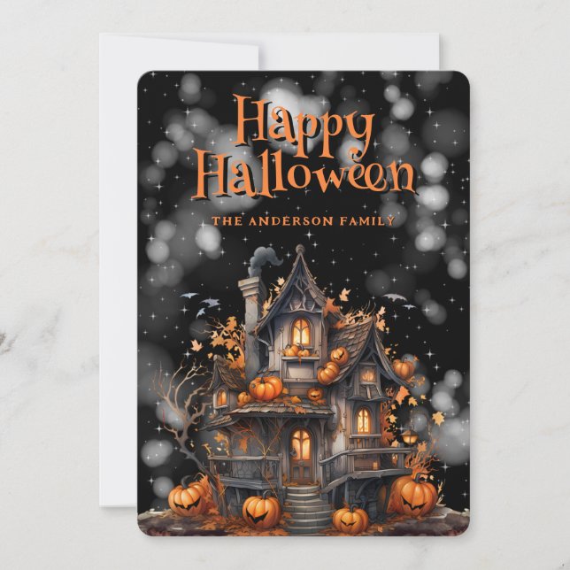 Haunted House Pumpkins Bats Happy Halloween Card (Front)