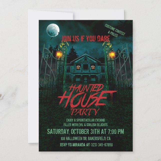 Haunted House Pumpkins Moon Bats Halloween Party I Invitation (Front)