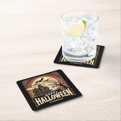 Haunted House Pumpkins Spooky Scary Halloween Square Paper Coaster