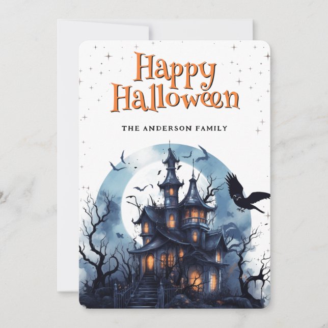 Haunted House Raven Bats Happy Halloween Card (Front)