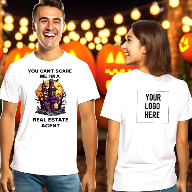 Haunted House Real Estate Agent Logo Halloween T-Shirt (Haunted House You can't scare me I'm a real estate agent t-shirt with logo on back)