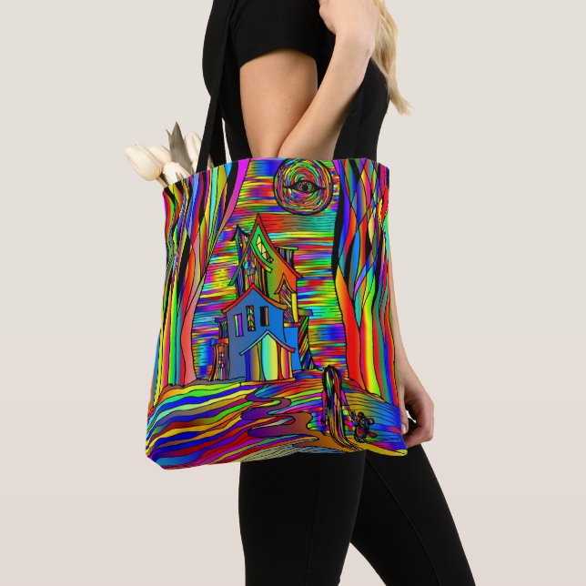 Haunted House Scary Abstract Colorful Stain Glass Tote Bag (Close Up)