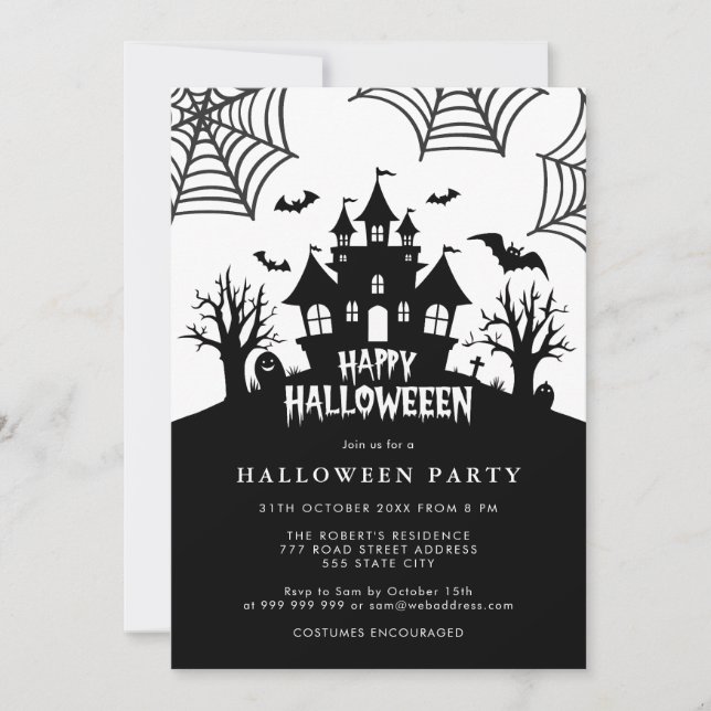 Haunted House Scary Black & White Halloween Party Invitation (Front)