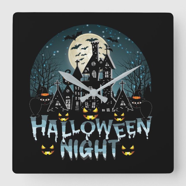 Haunted House, Scary Halloween Night Square Wall Clock (Front)