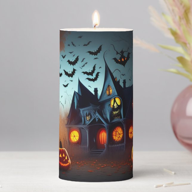 Haunted House Scene Pillar Candle (In Situ)