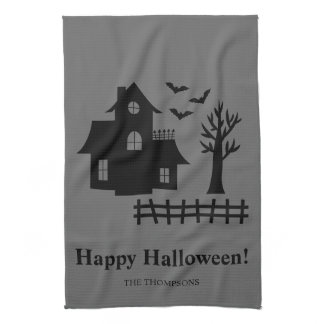 Haunted House Silhouette And Custom Text Halloween Kitchen Towel