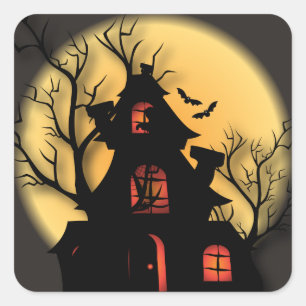 Haunted House Silhouette Halloween Square Sticker