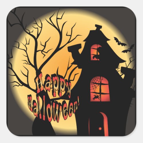Haunted House Silhouette  Happy Halloween Square Sticker