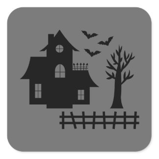 Haunted House Silhouette With Bats Gray Halloween Square Sticker