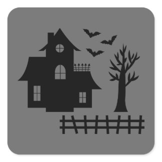 Haunted House Silhouette With Bats Gray Halloween Square Sticker