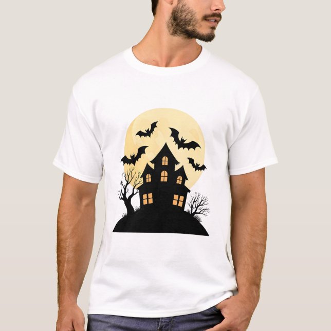 Haunted House Silhouette with Full Moon and Bats T-Shirt (Front)