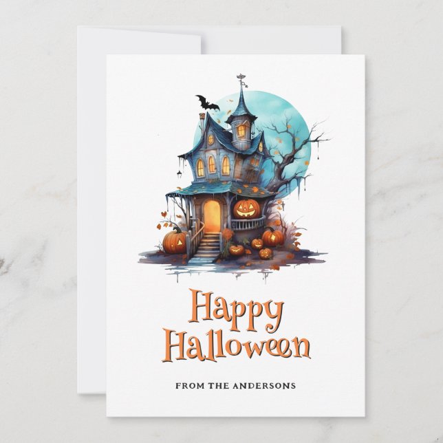 Haunted House Skeleton Ghost Bat Halloween Card (Front)