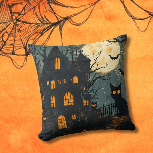 Haunted House Spooky Cat Full Moon Halloween Throw Pillow