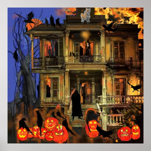 Haunted House  Spooky Characters Halloween Nite Poster
