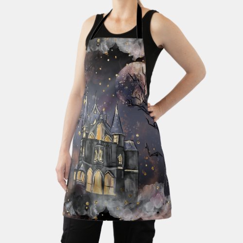 Haunted House  Spooky Full Moon Tree and Bats Apron