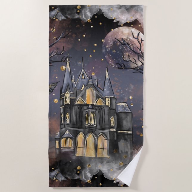 Haunted House | Spooky Full Moon Tree and Bats Beach Towel (Front)