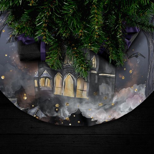 Haunted House  Spooky Full Moon Tree and Bats Brushed Polyester Tree Skirt