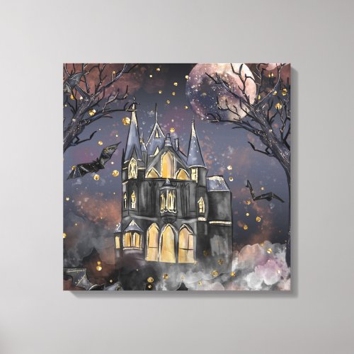 Haunted House  Spooky Full Moon Tree and Bats Canvas Print