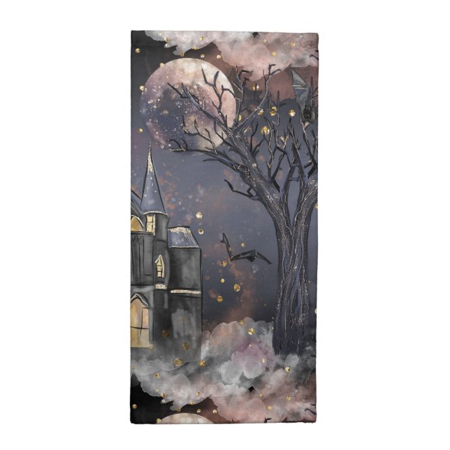 Haunted House | Spooky Full Moon Tree and Bats Cloth Napkin (Half Fold)