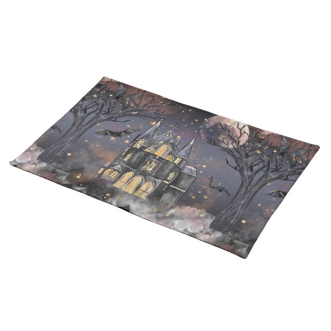 Haunted House | Spooky Full Moon Tree and Bats Cloth Placemat (On Table)