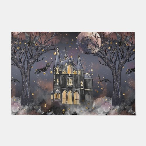 Haunted House  Spooky Full Moon Tree and Bats Doormat