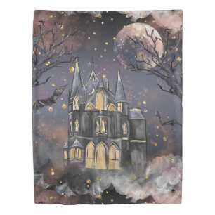 Haunted House Spooky Full Moon Tree and Bats Duvet Cover