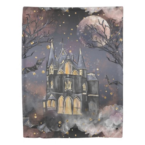 Haunted House  Spooky Full Moon Tree and Bats Duvet Cover