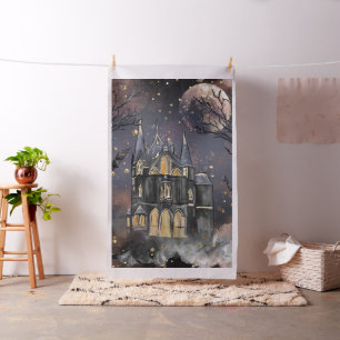 Haunted House   Spooky Full Moon Tree and Bats Fabric