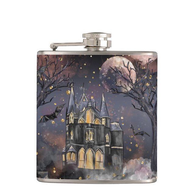 Haunted House | Spooky Full Moon Tree and Bats Flask (Front)