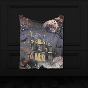 Haunted House   Spooky Full Moon Tree and Bats Fleece Blanket