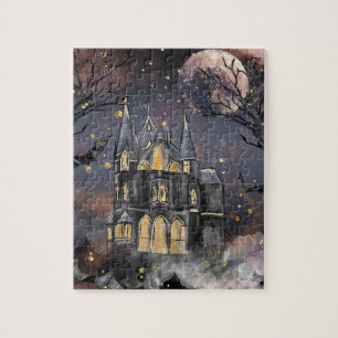 Haunted House Spooky Full Moon Tree and Bats Jigsaw Puzzle