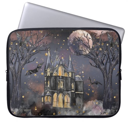 Haunted House  Spooky Full Moon Tree and Bats Laptop Sleeve