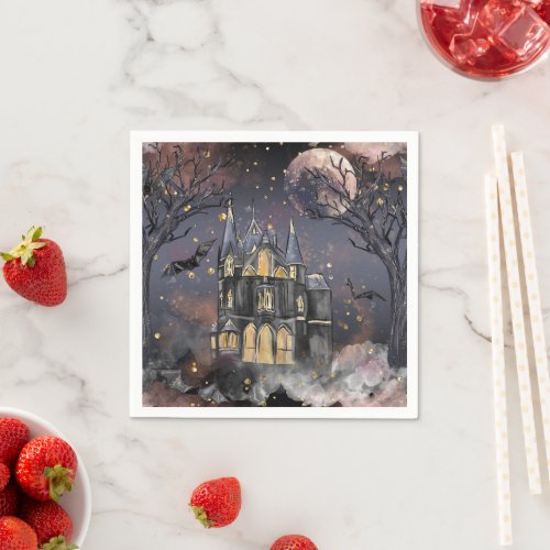 Haunted House  Spooky Full Moon Tree and Bats Napkins