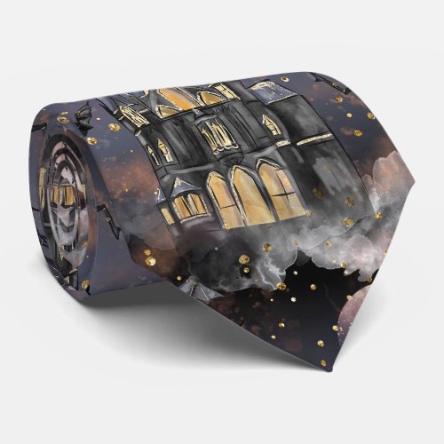 Haunted House  Spooky Full Moon Tree and Bats Neck Tie