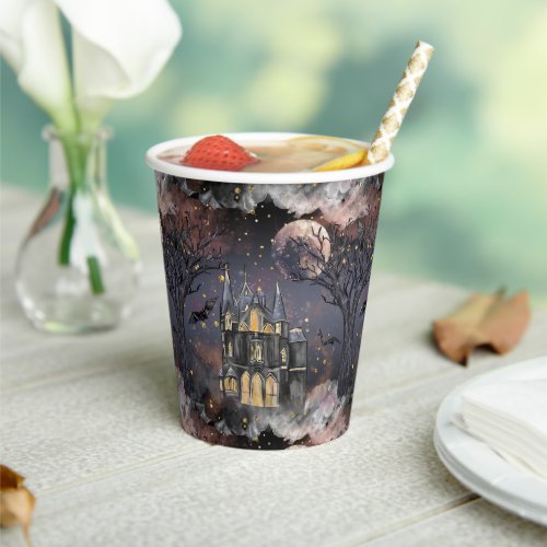 Haunted House  Spooky Full Moon Tree and Bats Paper Cups