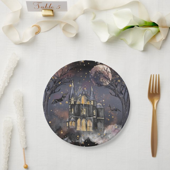 Haunted House | Spooky Full Moon Tree and Bats Paper Plates (Wedding)