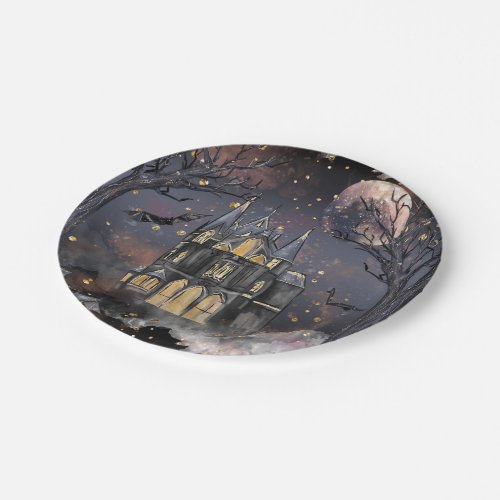 Haunted House  Spooky Full Moon Tree and Bats Paper Plates