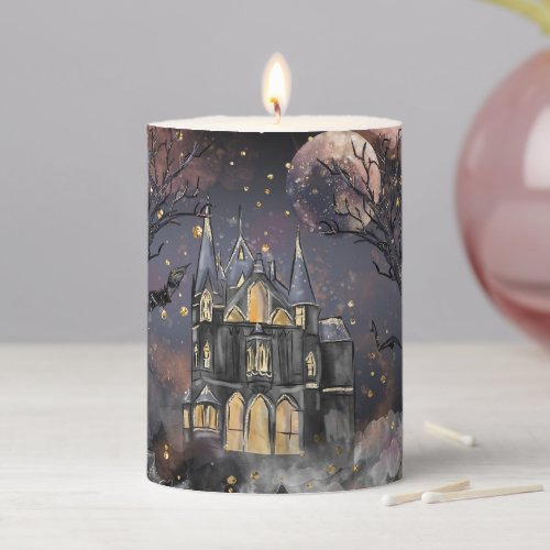 Haunted House  Spooky Full Moon Tree and Bats Pillar Candle