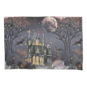 Haunted House   Spooky Full Moon Tree and Bats Pillow Case